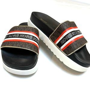 MICHAEL KORS Logo Brown Orange Gold Slides size 8, Great Condition